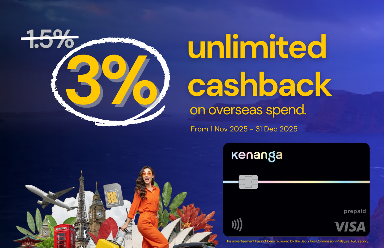 Promotional banner showing 3% unlimited cashback on overseas spend with Kenanga Money via KDi GO, valid from 1 Nov 2025 to 31 Dec 2025.